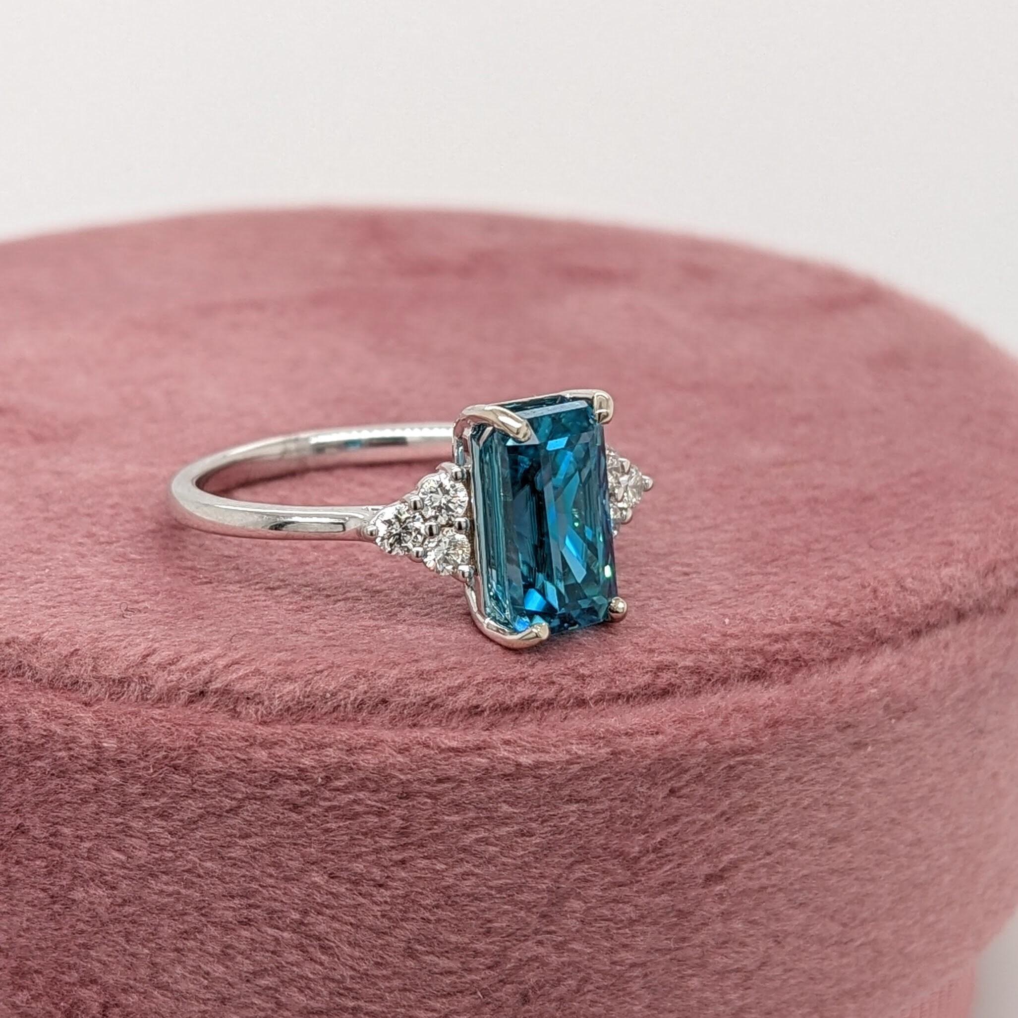 Emerald Cut 4.2ct Blue Zircon Ring w Earth Mined Diamonds in Solid 14K White Gold EM 9.5x6mm For Sale
