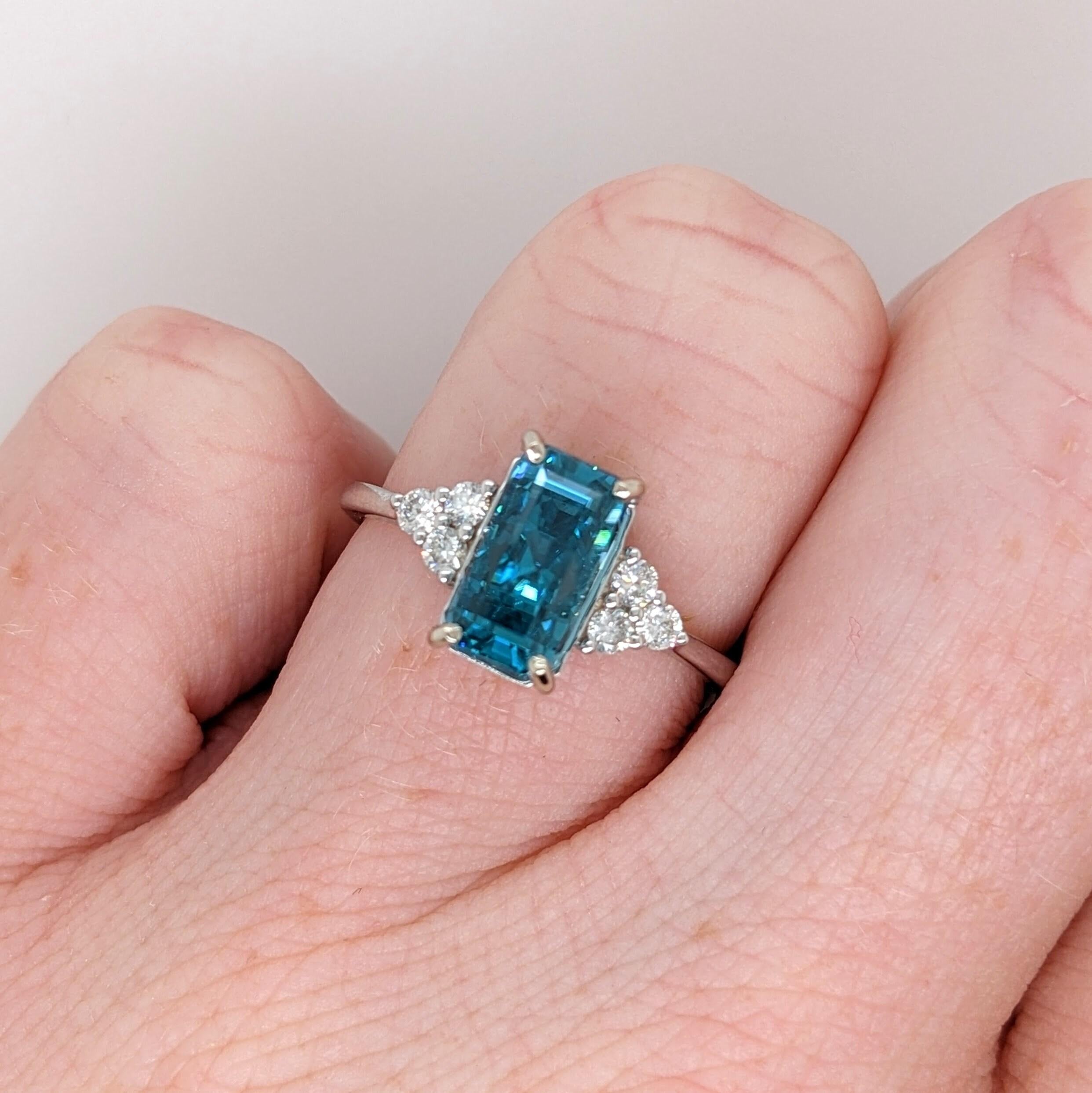 4.2ct Blue Zircon Ring w Earth Mined Diamonds in Solid 14K White Gold EM 9.5x6mm In New Condition For Sale In Columbus, OH