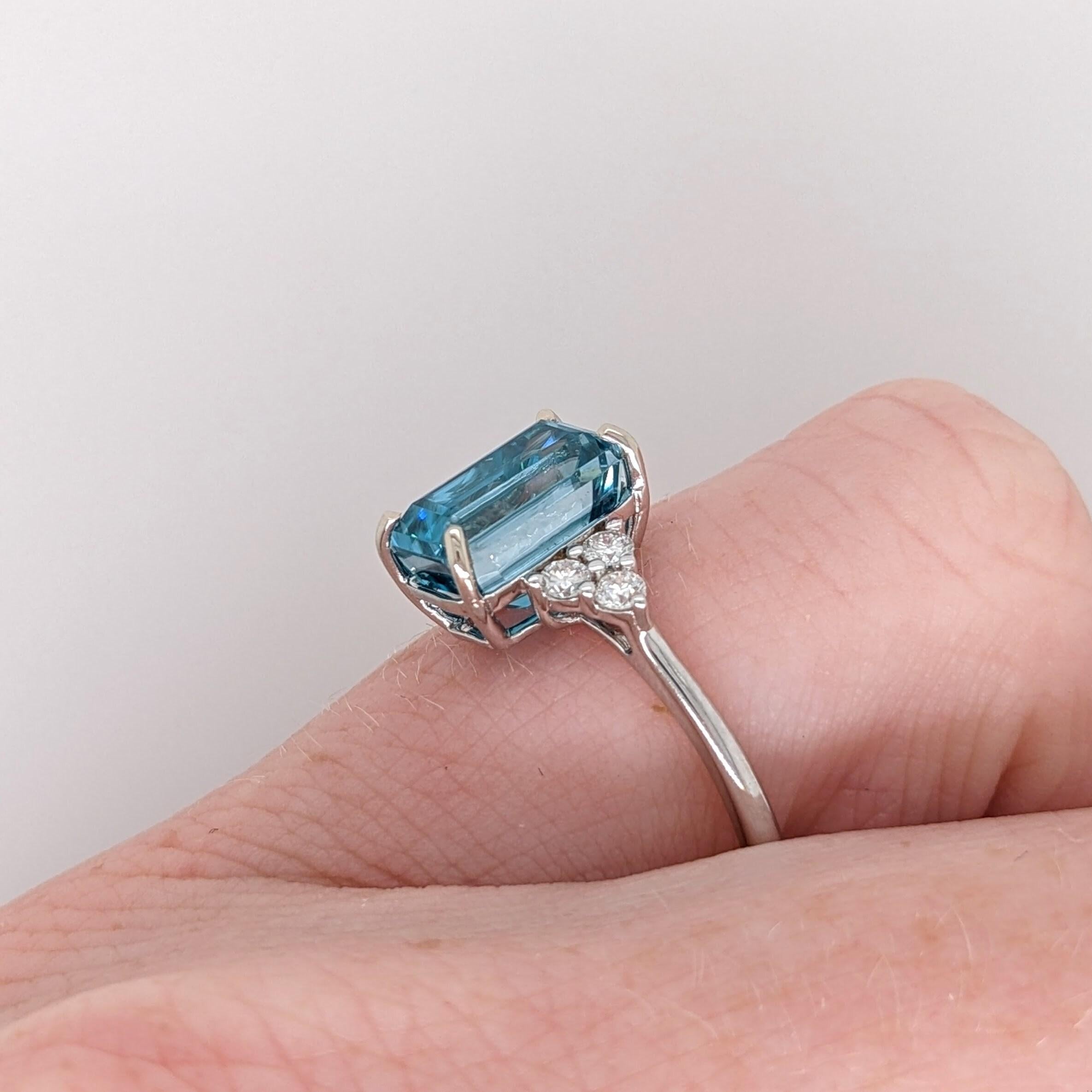 Women's 4.2ct Blue Zircon Ring w Earth Mined Diamonds in Solid 14K White Gold EM 9.5x6mm For Sale