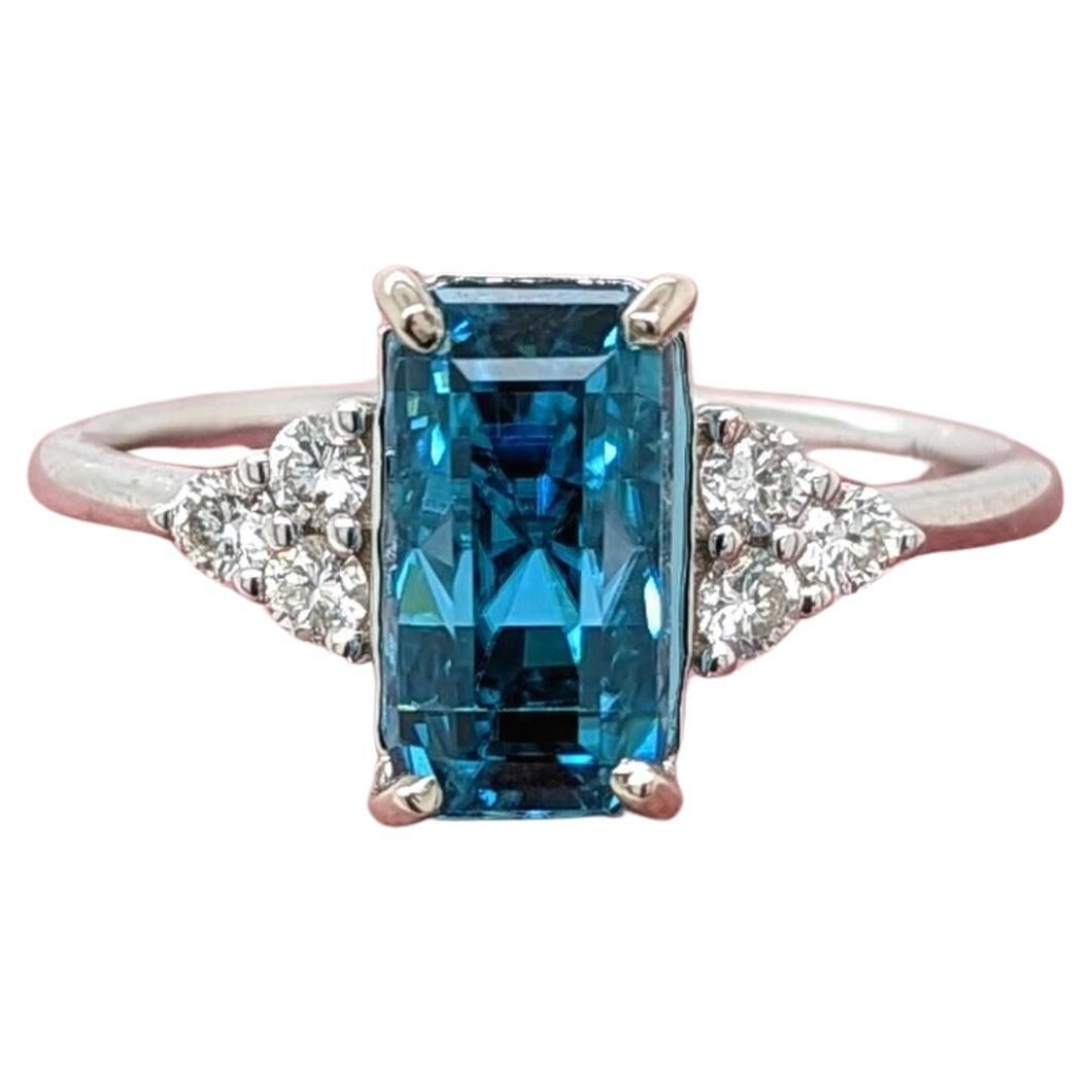 4.2ct Blue Zircon Ring w Earth Mined Diamonds in Solid 14K White Gold EM 9.5x6mm For Sale