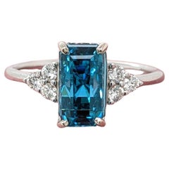 4.2ct Blue Zircon Ring w Earth Mined Diamonds in Solid 14K White Gold EM 9.5x6mm