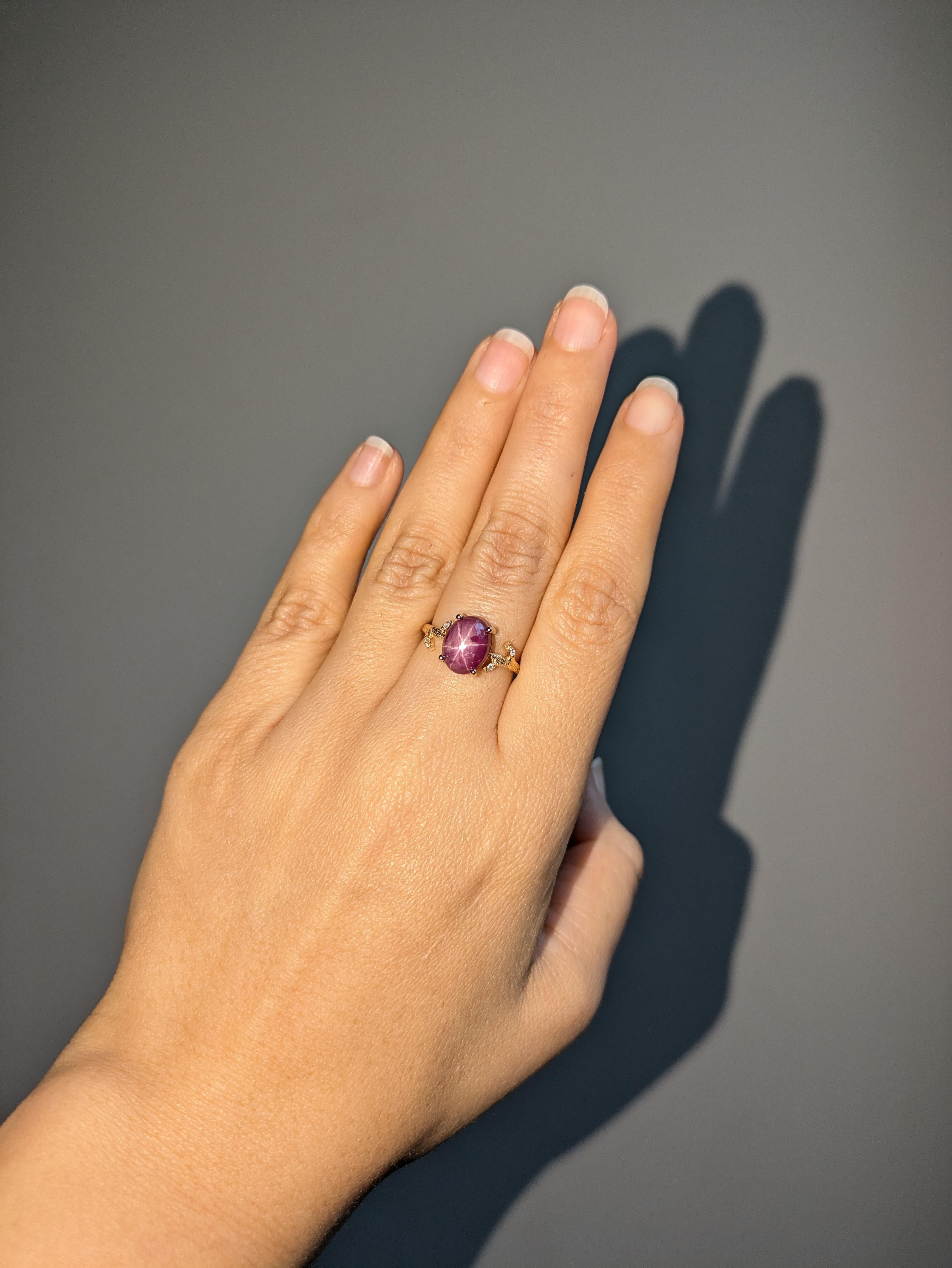 Art Deco 4.2ct Star Ruby Ring w Natural Diamond Accents in Solid 14K Gold  OV 10x8mm For Sale