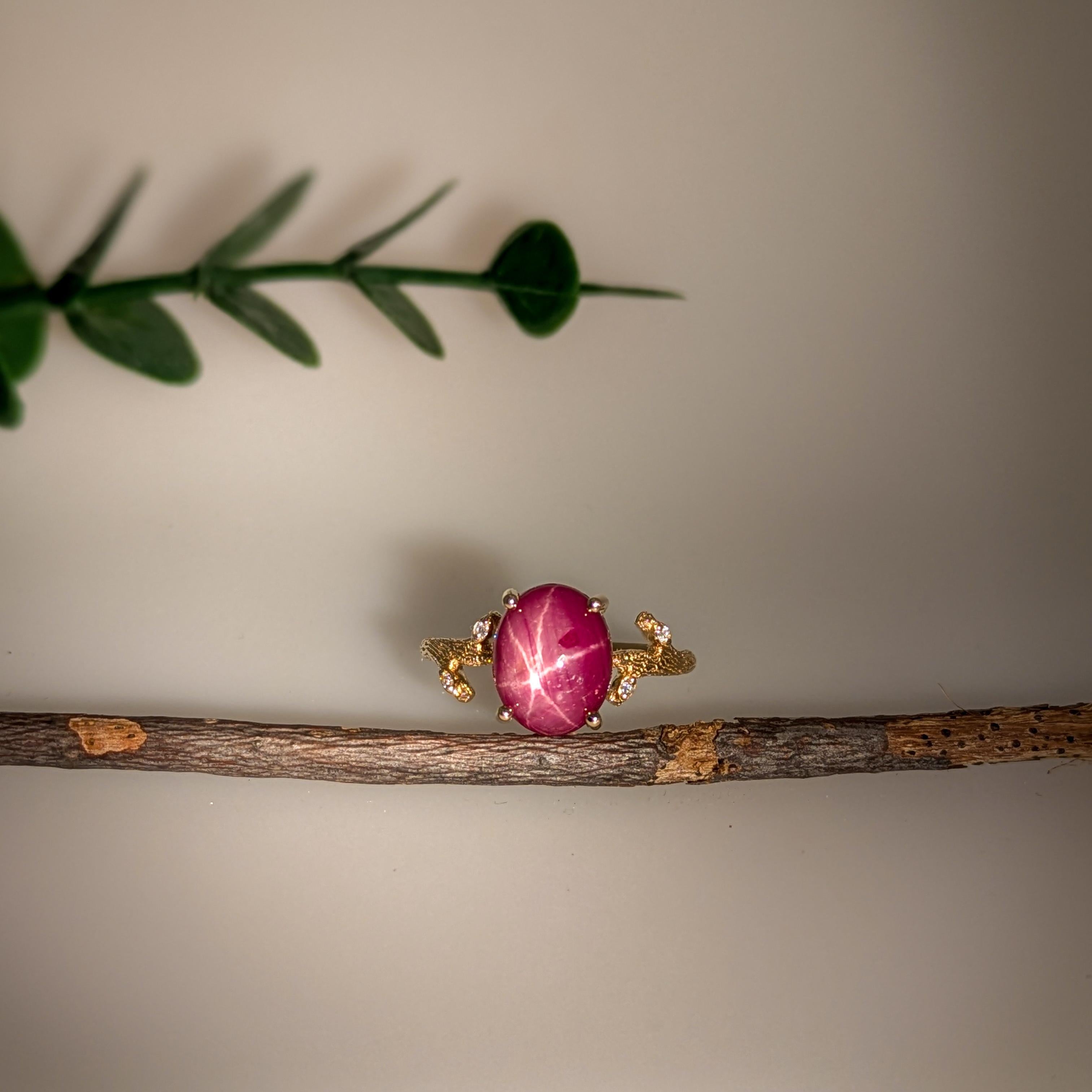 Oval Cut 4.2ct Star Ruby Ring w Natural Diamond Accents in Solid 14K Gold  OV 10x8mm For Sale