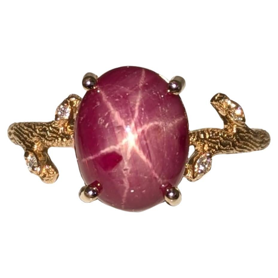 4.2ct Star Ruby Ring w Natural Diamond Accents in Solid 14K Gold  OV 10x8mm For Sale