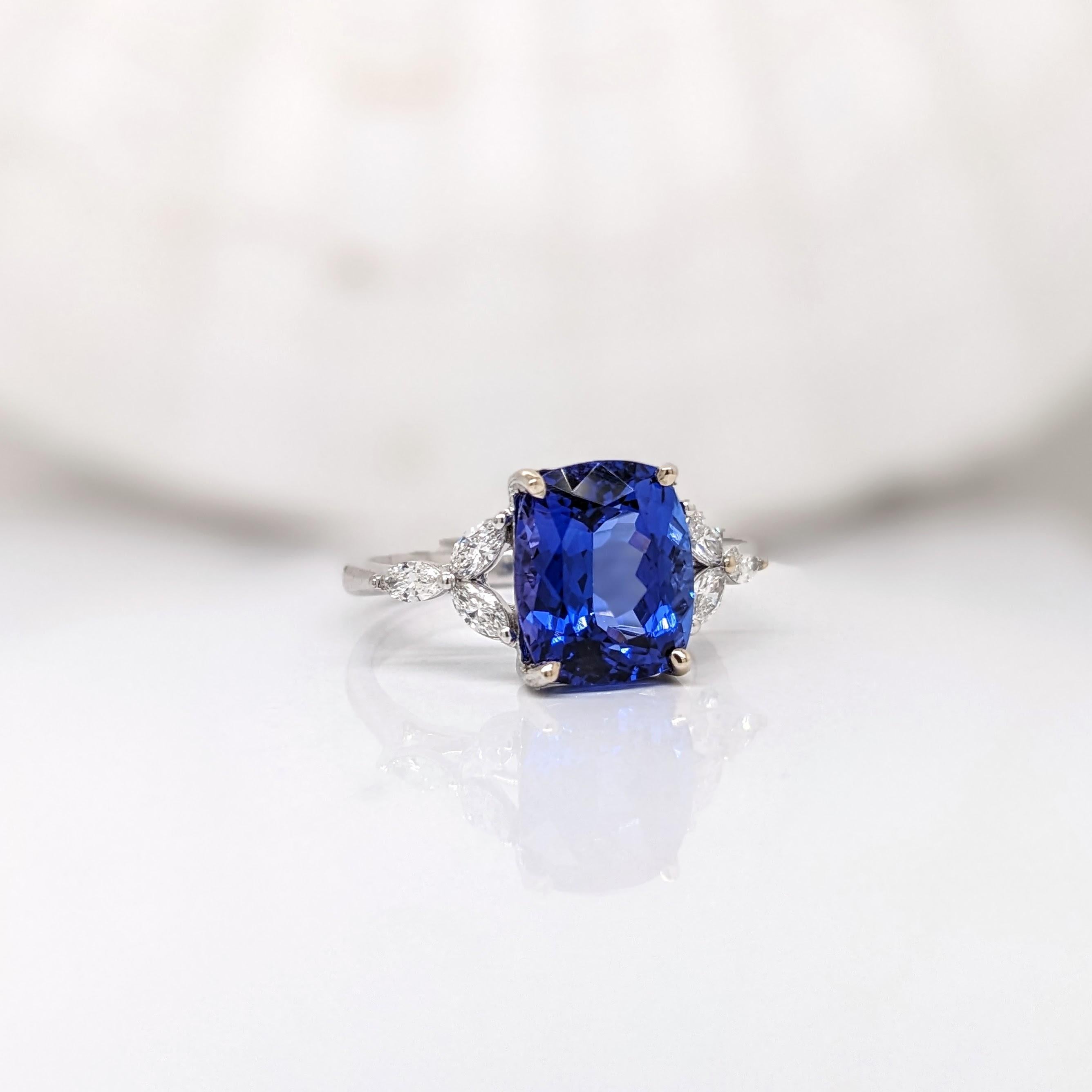 Women's 4.2ct Tanzanite Ring w Earth Mined Diamonds in Solid 14K Gold Cushion 10x8mm