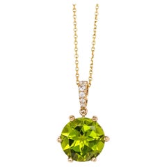 4.2cts Peridot Pendant with Natural Diamonds Accents: 14k Solid Gold, Round 10mm