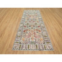 4'2"x10' Eggnog White Vase Design Silk and Wool Hand Knotted Wide Runner Rug
