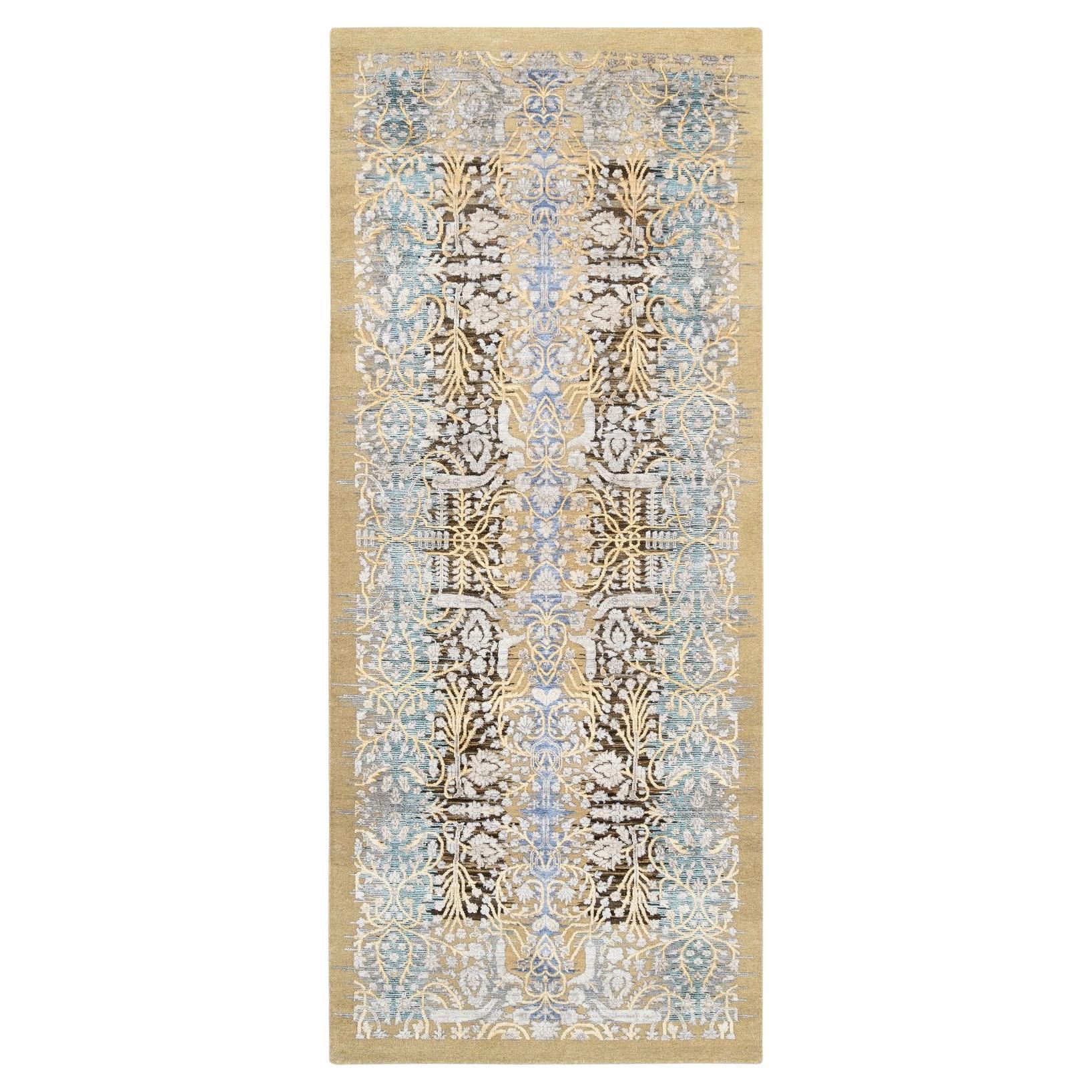 4'2 "x10' Brown, noué à la main, soie et laine texturée, large tapis de course