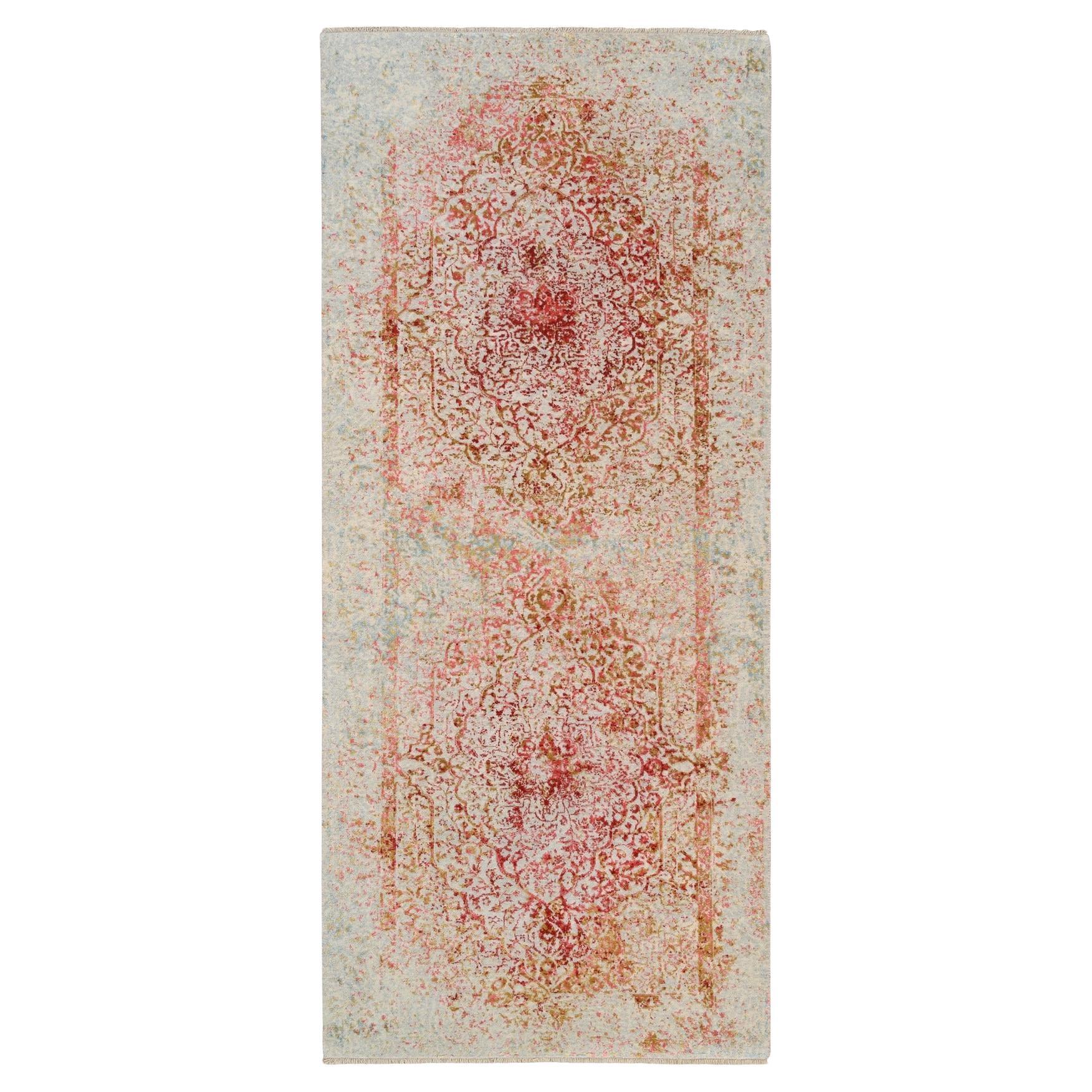 4'2"x10' Persischer Teppich aus Wolle und reiner Seide, handgeknüpft, elfenbeinfarbener, breiter und breiter Läufer