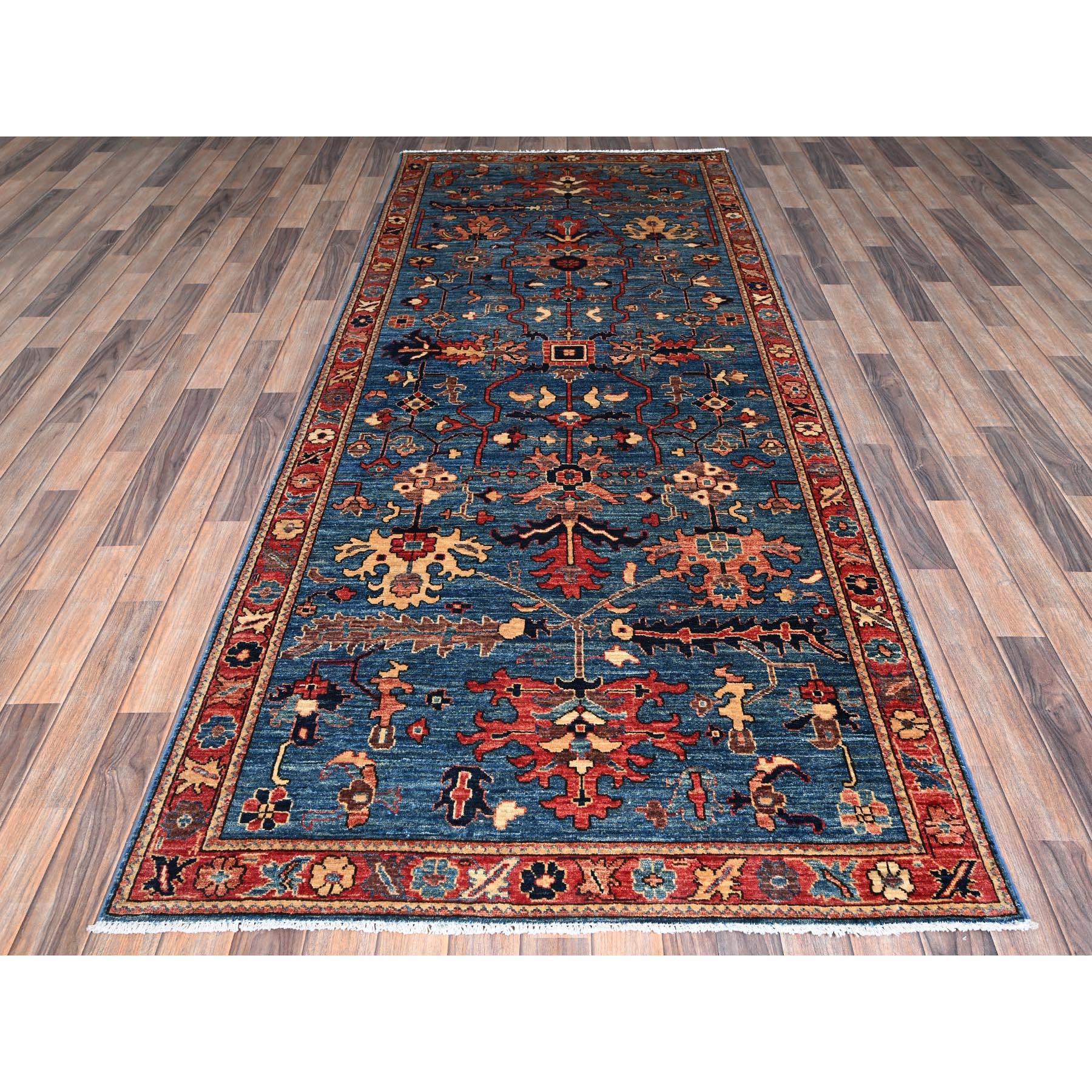 Sailor Blue, Heriz All Over Design, Aryana Collection, Vegetable Dyes, Hand Knotted, Soft Pile, High Mountain Wool, Densely Woven, Wide Runner, Oriental Rug
Primary materials: Wool
Latex: No Pile 
height: 0.25 Inches
Style: Traditional
Primary