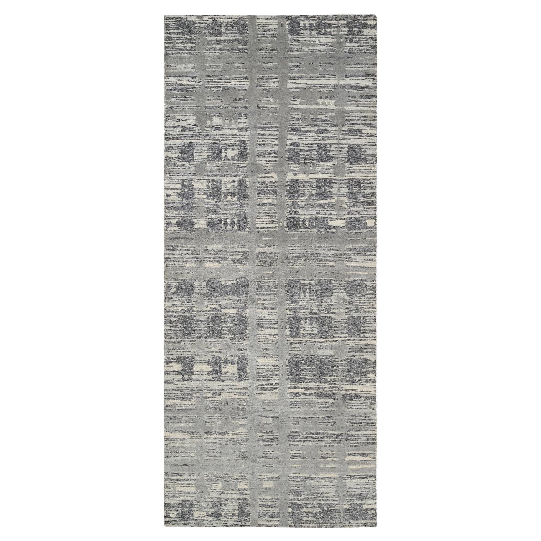 4'2"x10'1" Light Gray Hand Spun Undyed Natural Wool Hand Knotted Wide Runner Rug