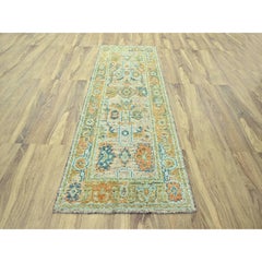 Alfombra de pasillo Oushak marrón de 4'2" x 10'2", tejida a mano con lana oxidada y urdimbres a la vista
