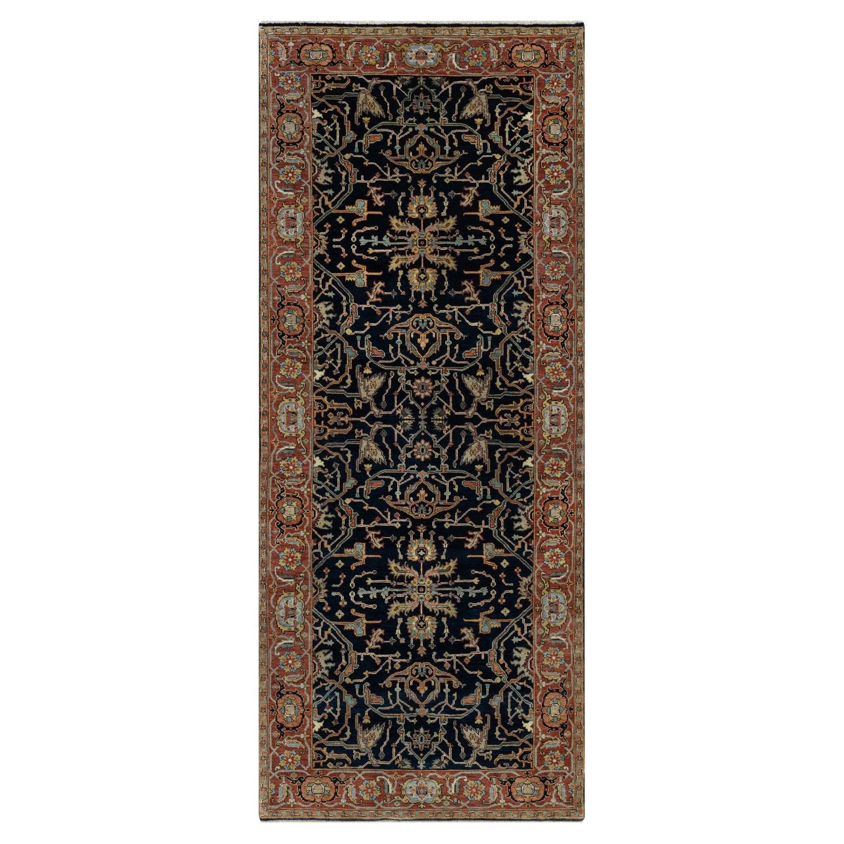 4'2"x10'2" Oxford Blue Antiqued Fine Heriz Re-Creation Hand Knotted Wool Rug