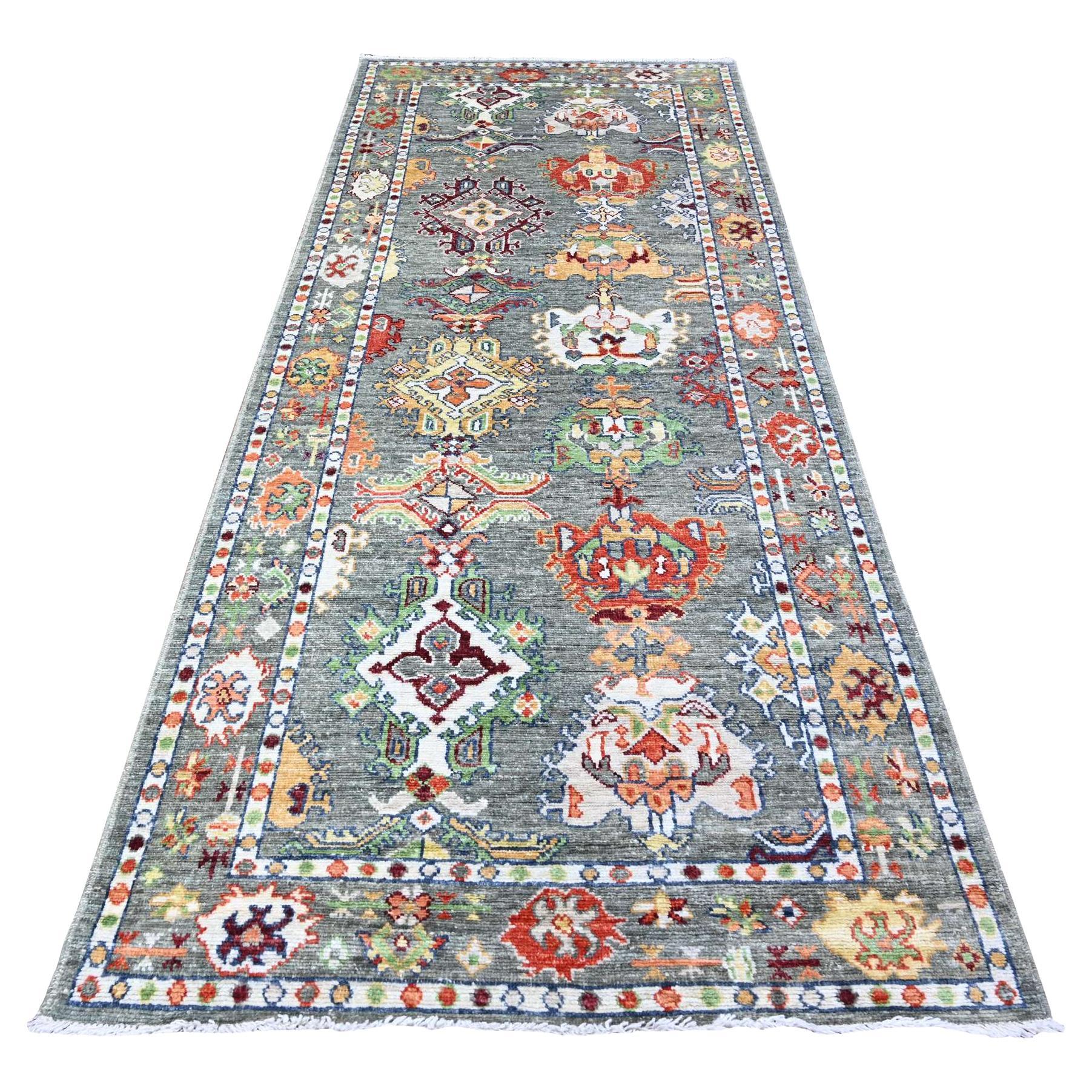 4'2"x10'3" Brewster Gray Afghan Angora Oushak 100% Wool Oriental Wide Runner Rug For Sale