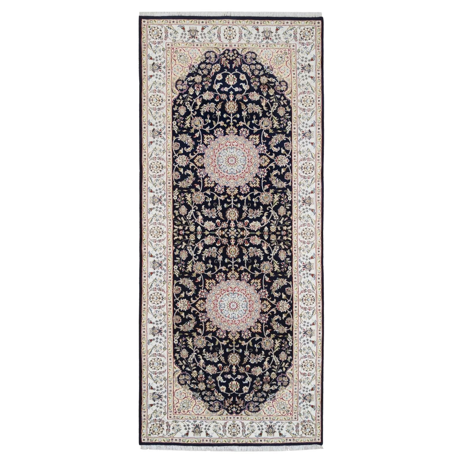 4'2 "x10'4" Azul Anudada a Mano Diseño Floral Nain 250 KPSI Alfombra Ancha de Lana