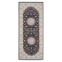 4'2"x10'4" Blue Hand Knotted Nain Flower Design 250 KPSI Wool Wide Runner Rug
