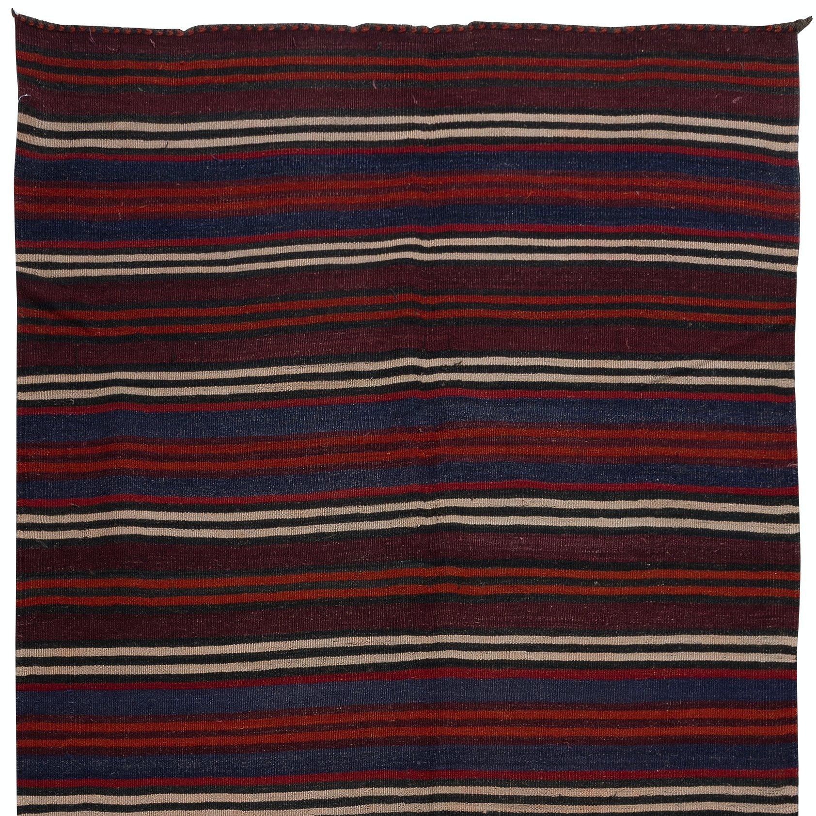 4.2x10.5 Ft Vintage Hand-Woven Turkish Striped Kilim, Flat-Weave Rug, 100% Wool In Good Condition For Sale In Philadelphia, PA