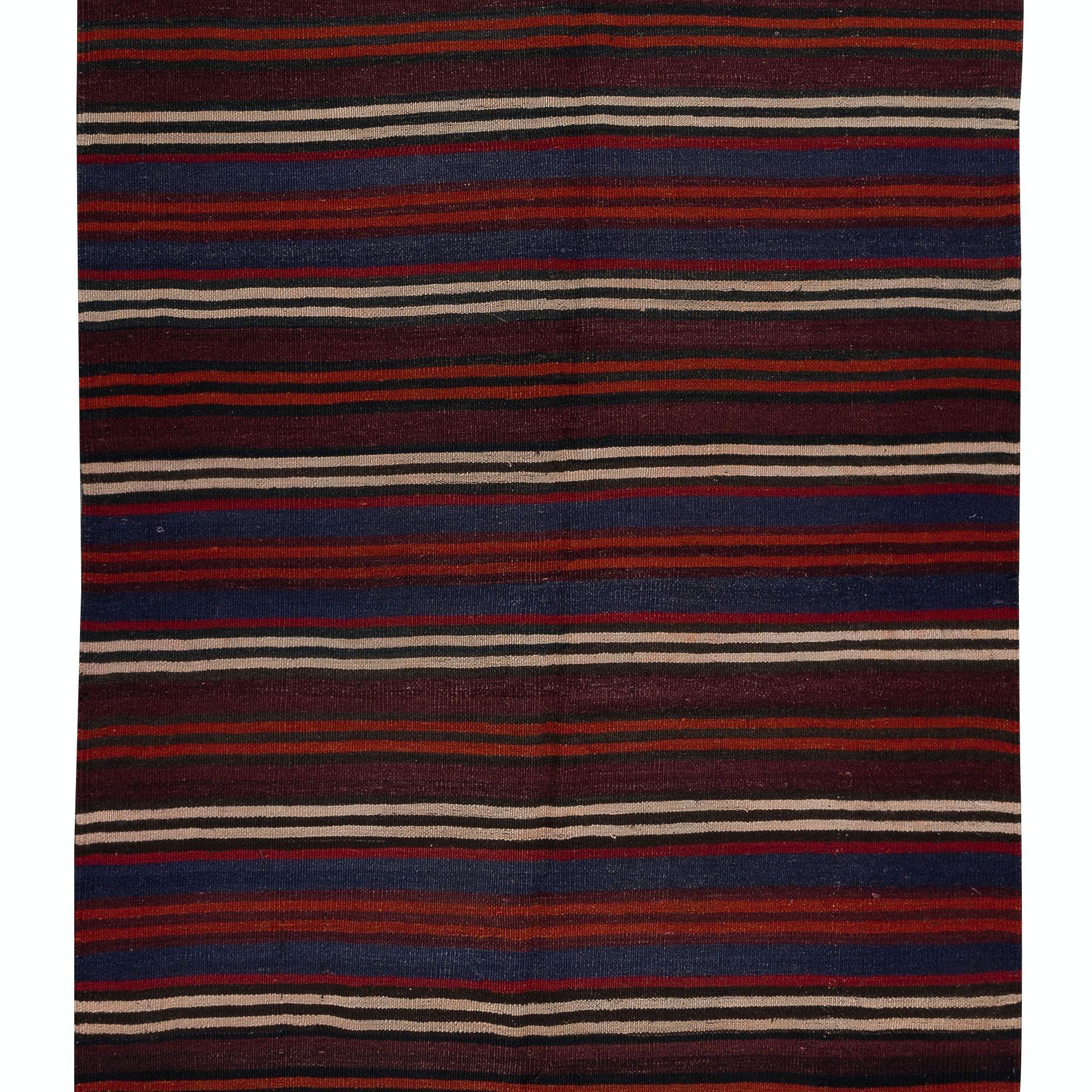 20th Century 4.2x10.5 Ft Vintage Hand-Woven Turkish Striped Kilim, Flat-Weave Rug, 100% Wool For Sale
