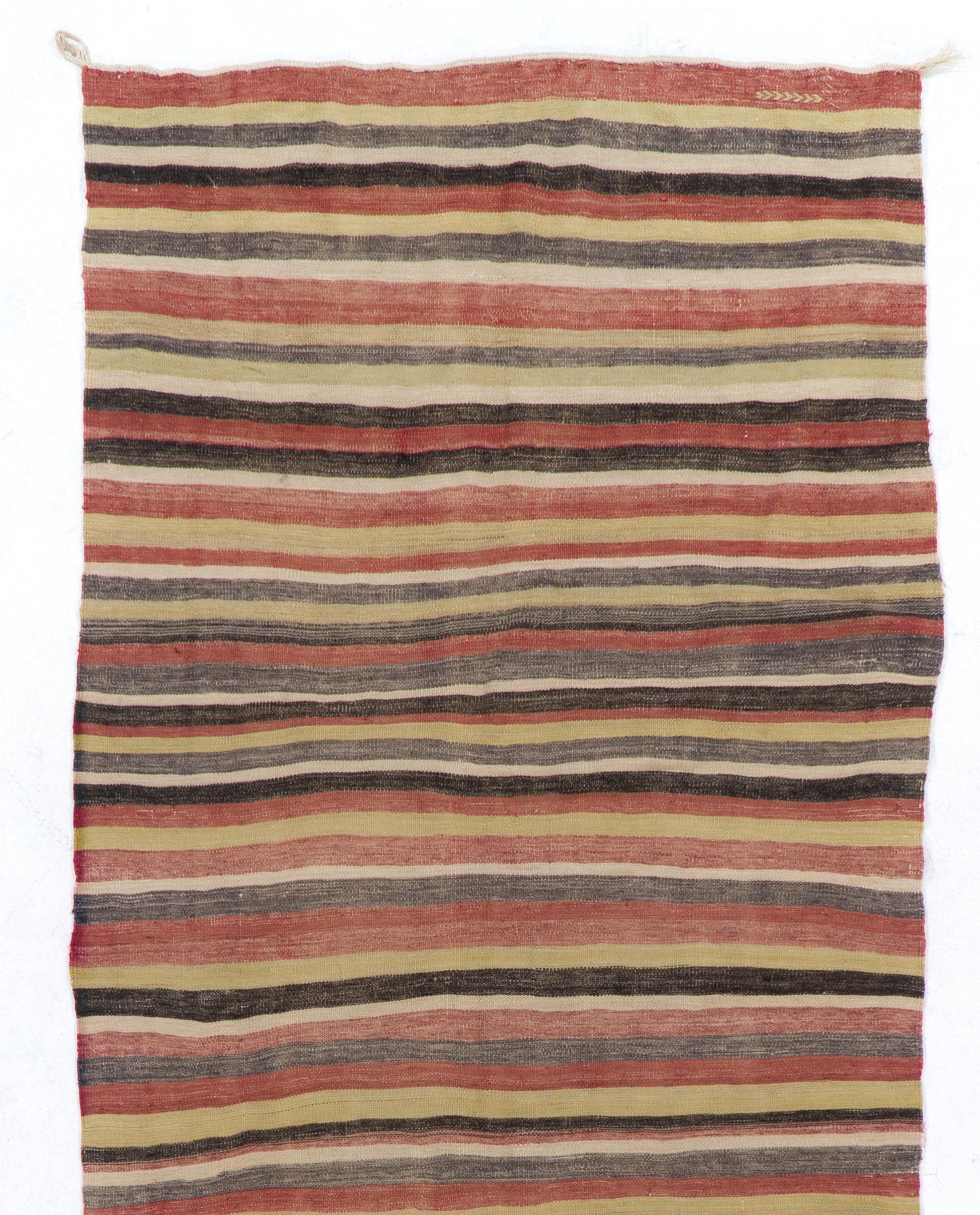A vintage hand-made flat-woven Turkish kilim runner rug made of natural organic wool with a simple banded design in rust red, dark gray, soft celadon green, black and beige. 

The rug is in good condition with no issues, it is lightweight,