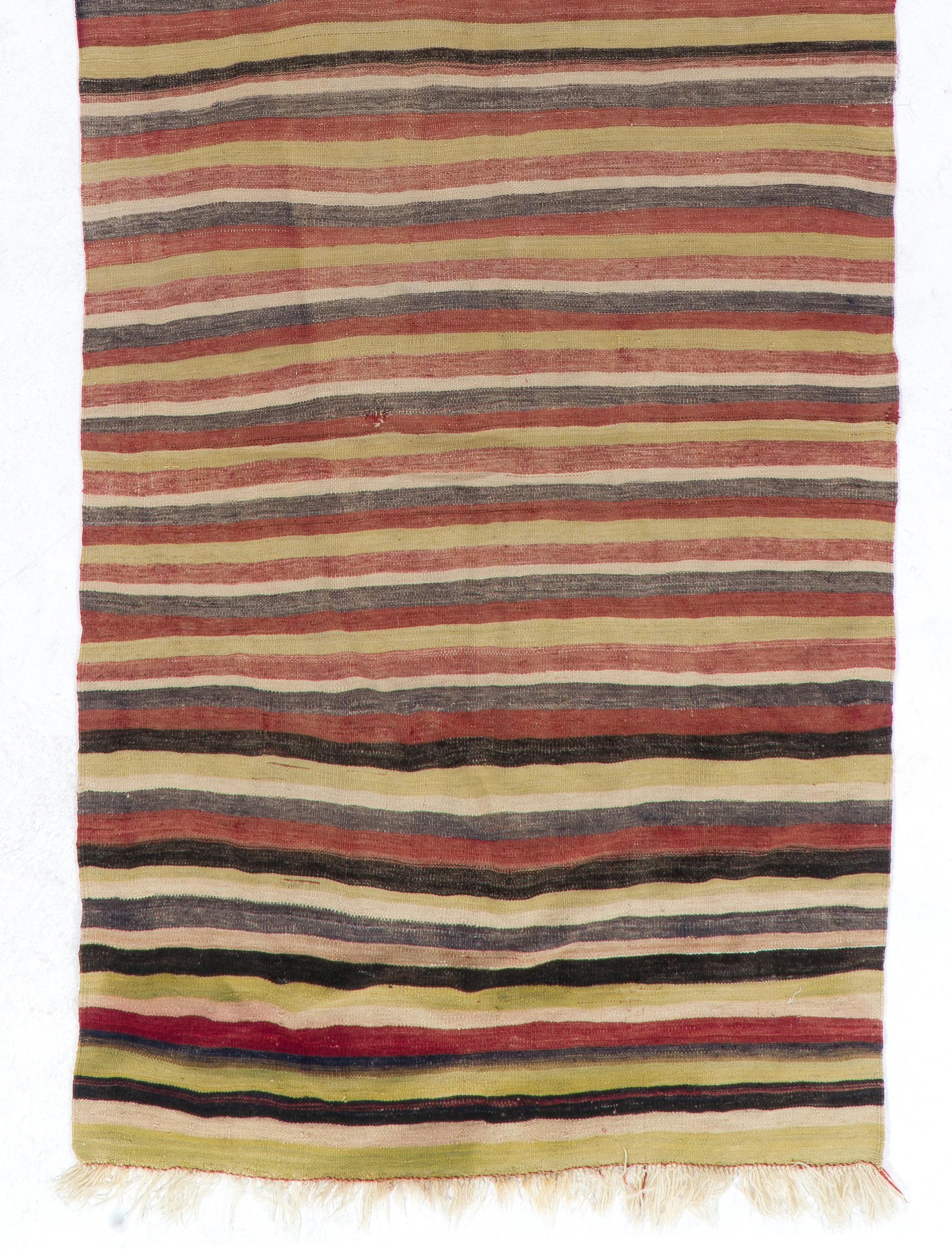 Hand-Woven 4x11 Ft Vintage Handmade Flat-Woven Wool Kilim Runner, Turkish Striped Rug For Sale