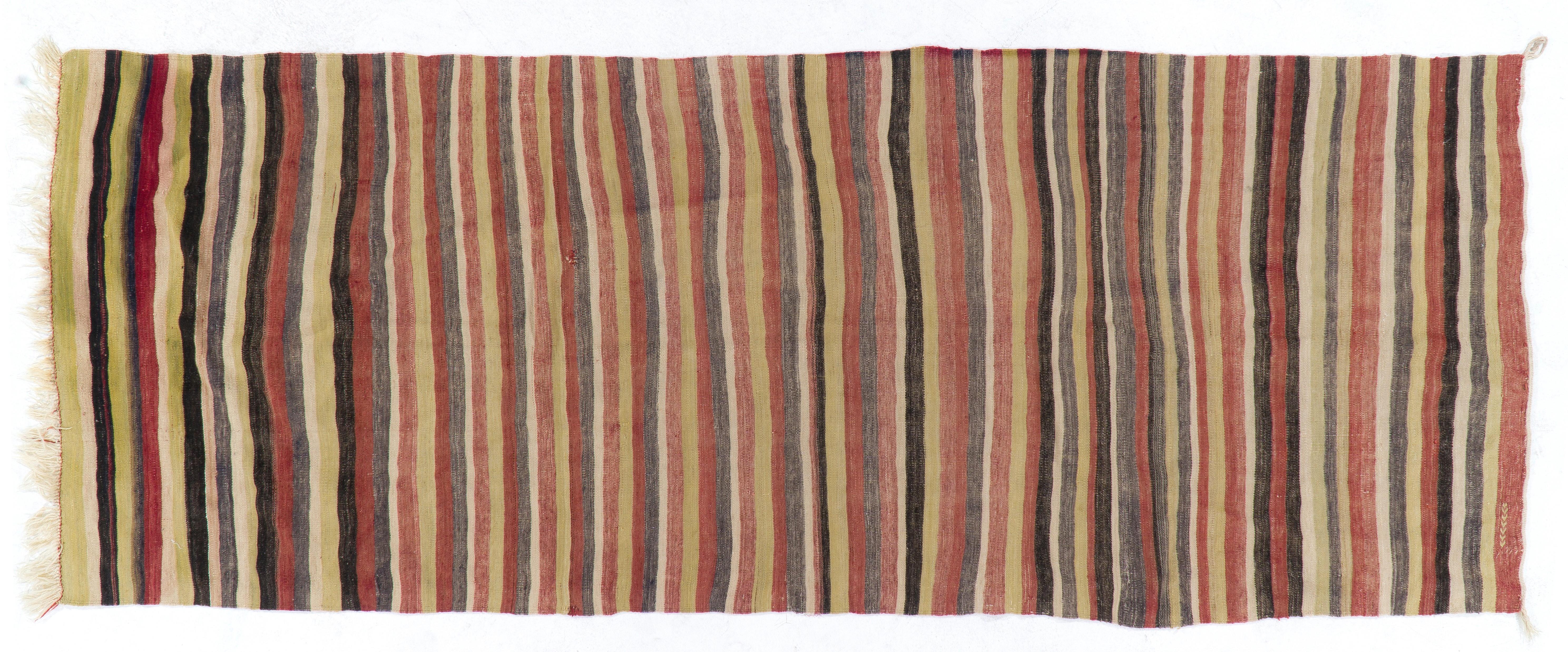 20th Century 4x11 Ft Vintage Handmade Flat-Woven Wool Kilim Runner, Turkish Striped Rug For Sale