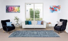 4.2x11.4 Ft Distressed Vintage Handmade Turkish Runner Rug in Navy Blue Colors