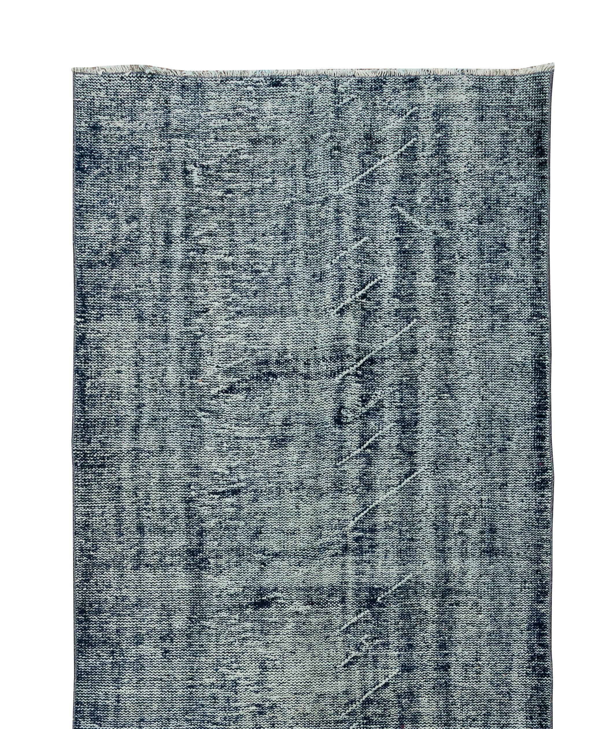 Hand-Knotted 4.2x11.4 Ft Distressed Vintage Handmade Turkish Runner Rug in Navy Blue Colors For Sale