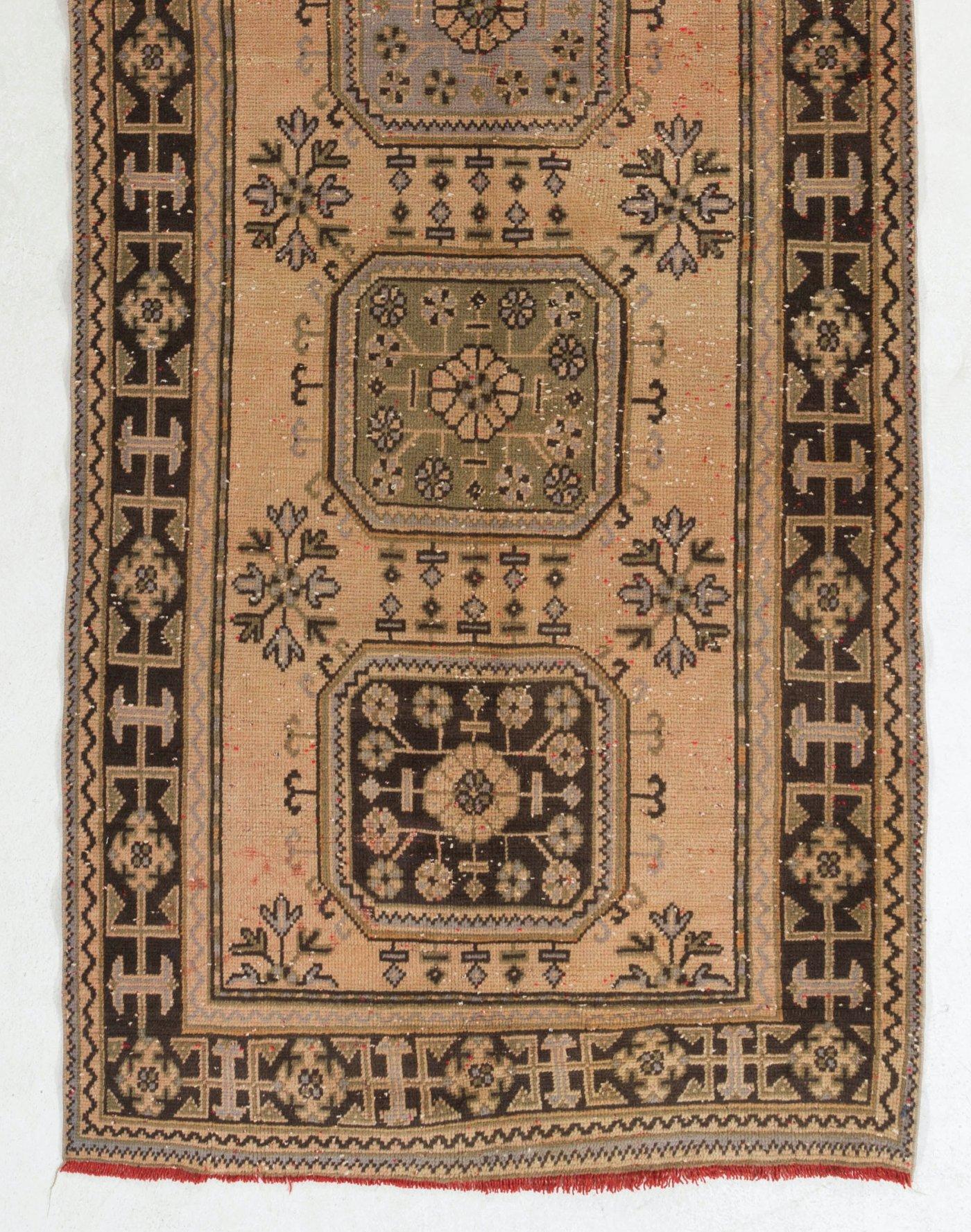 Oushak Vintage Wool Runner Rug from Turkey, Hand-Knotted Carpet for Hallway For Sale