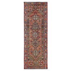 4'2"x11'4" Red Vintage Persian Shiraz Hand Knotted Wool Runner Oriental Rug