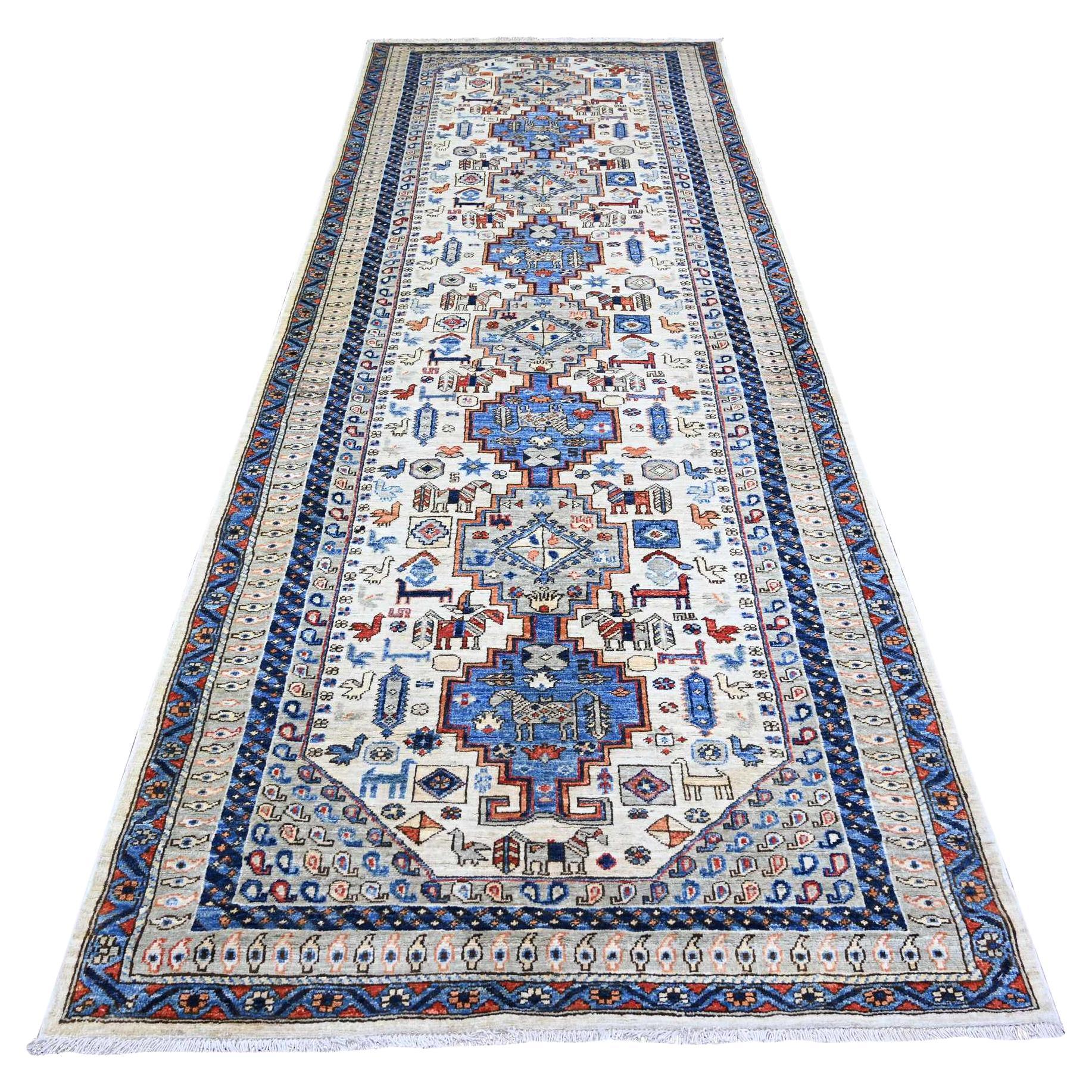 4'2"x11'4" Silky White Aryana Shiraz Reimagined Wool Hand Knotted Oriental Rug