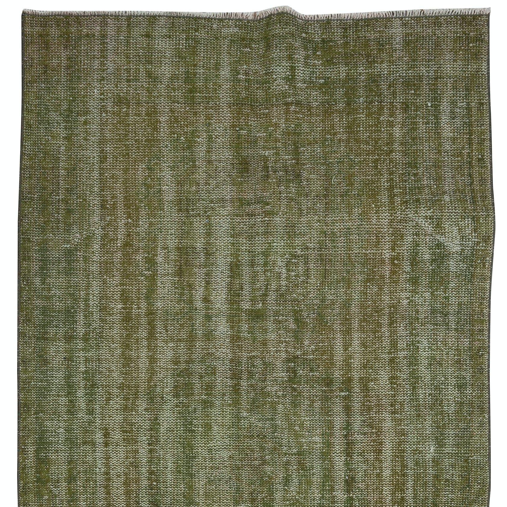 Hand-Knotted 4.2x11.5 Ft Handmade Anatolian Runner Rug in Moss Green, Modern Corridor Carpet For Sale