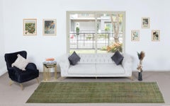 4.2x11.5 Ft Handmade Anatolian Runner Rug in Moss Green, Modern Corridor Carpet