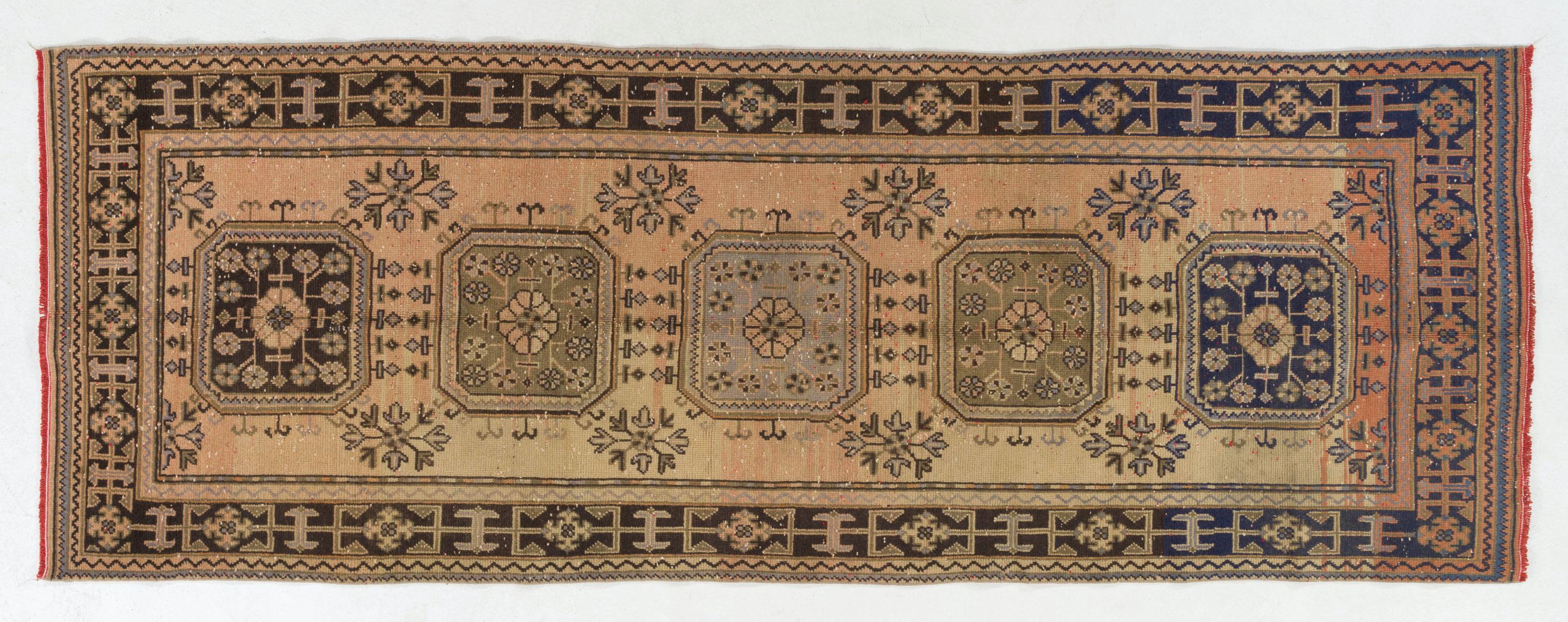 Hand-Knotted 4.2x11.6 Ft Handmade Vintage Turkish Rug. Wool and Cotton Hallway Runner For Sale