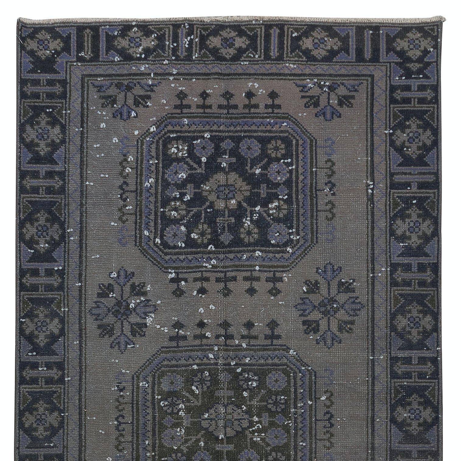 Modern 4.2x11.6 Ft Turkish Runner Rug, Handmade Corridor Carpet in Gray, Black & Purple For Sale