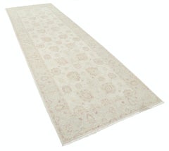 4.2x11.8 ft Floral Hallway Runner. Handknotted Kitchen Rug. Beige Corridor Rug