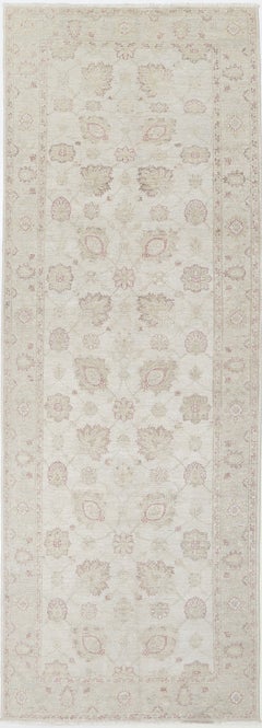 4.2x11.8 ft Floral Hallway Runner. Handknotted Kitchen Rug. Beige Corridor Rug