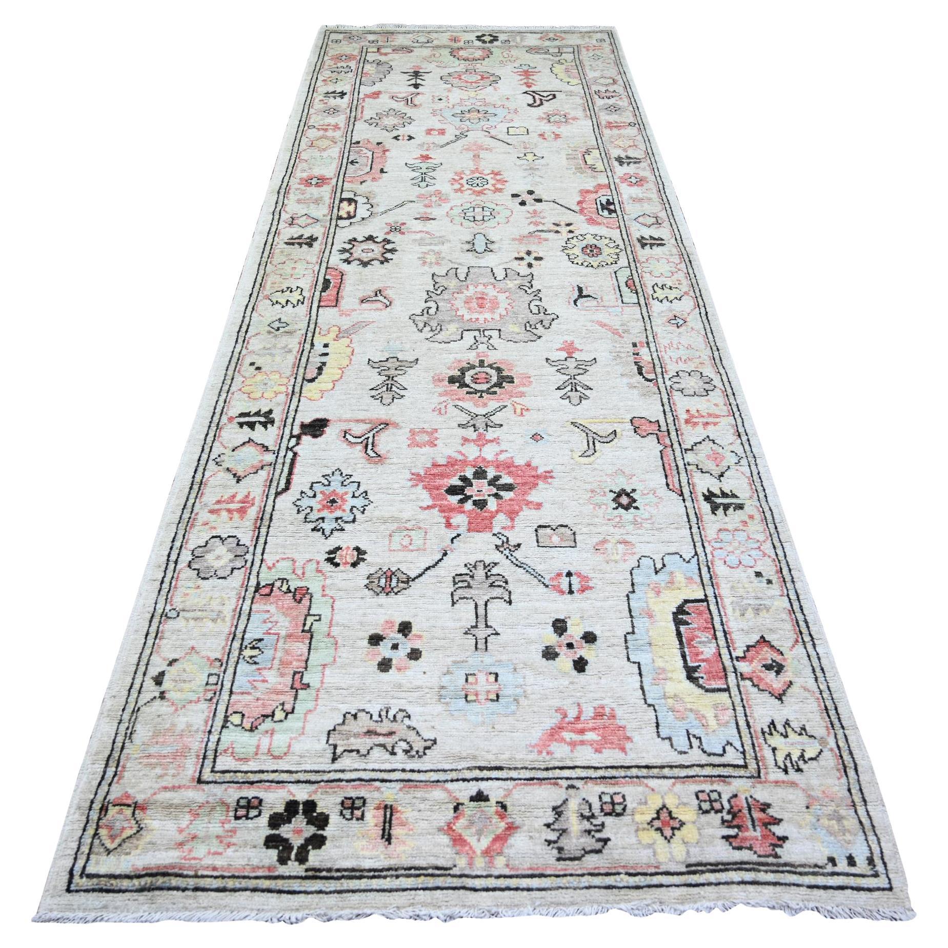 4'2"x11'8" Gray Hand Knotted Wool Afghan Angora Oushak Runner Oriental Rug