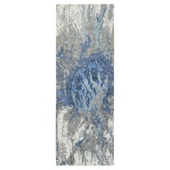 4'2"x11'9" Blue, Modern Design, Wool and Silk Hand Knotted Wide Runner Rug