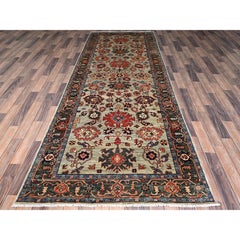 4'2"x11'9" Light Green Heriz All Over Design Hand Knotted Soft Wool Runner Rug