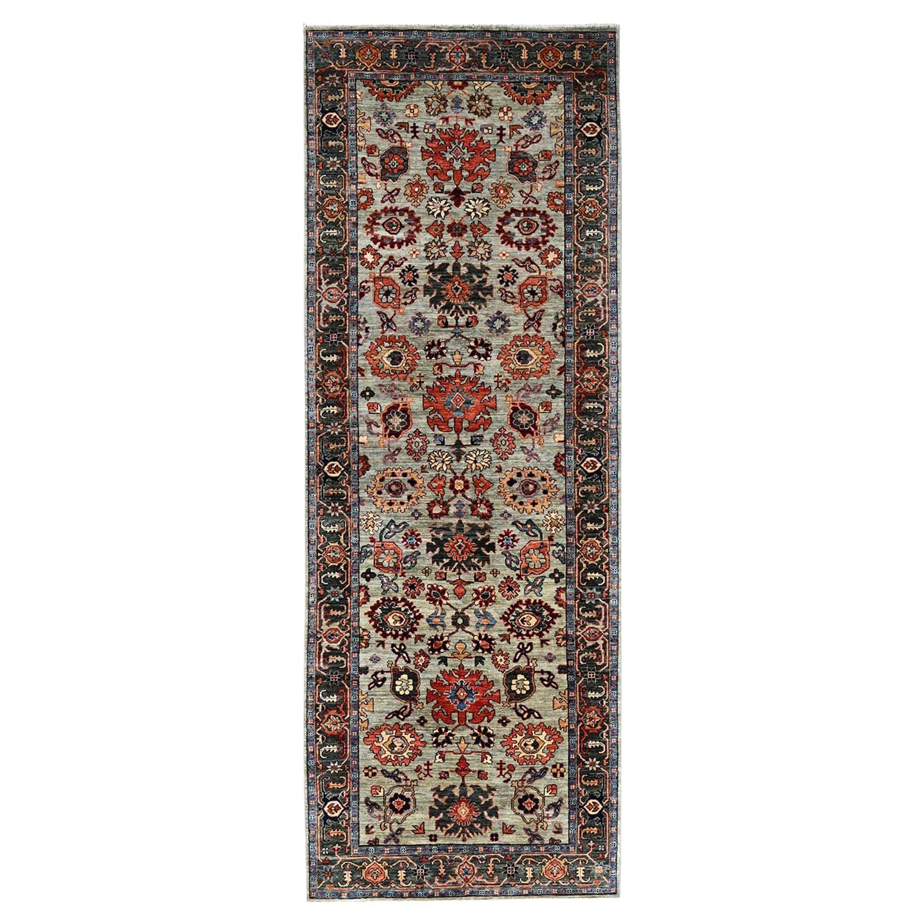 4
2"x11
9" Light Green Heriz All Over Design Hand Knotted Soft Wool Runner Rug For Sale