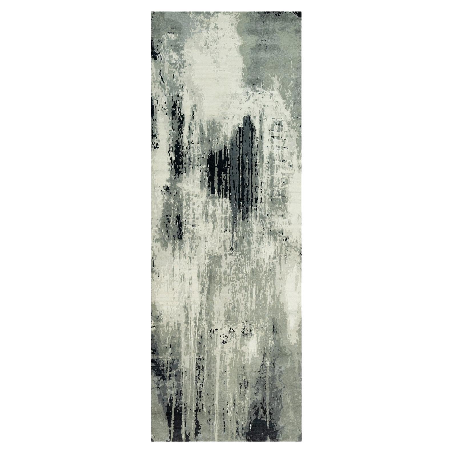 4
2x12
 Black with Ivory Abstract Design Wool and Silk Hand Knotted Runner Rug For Sale