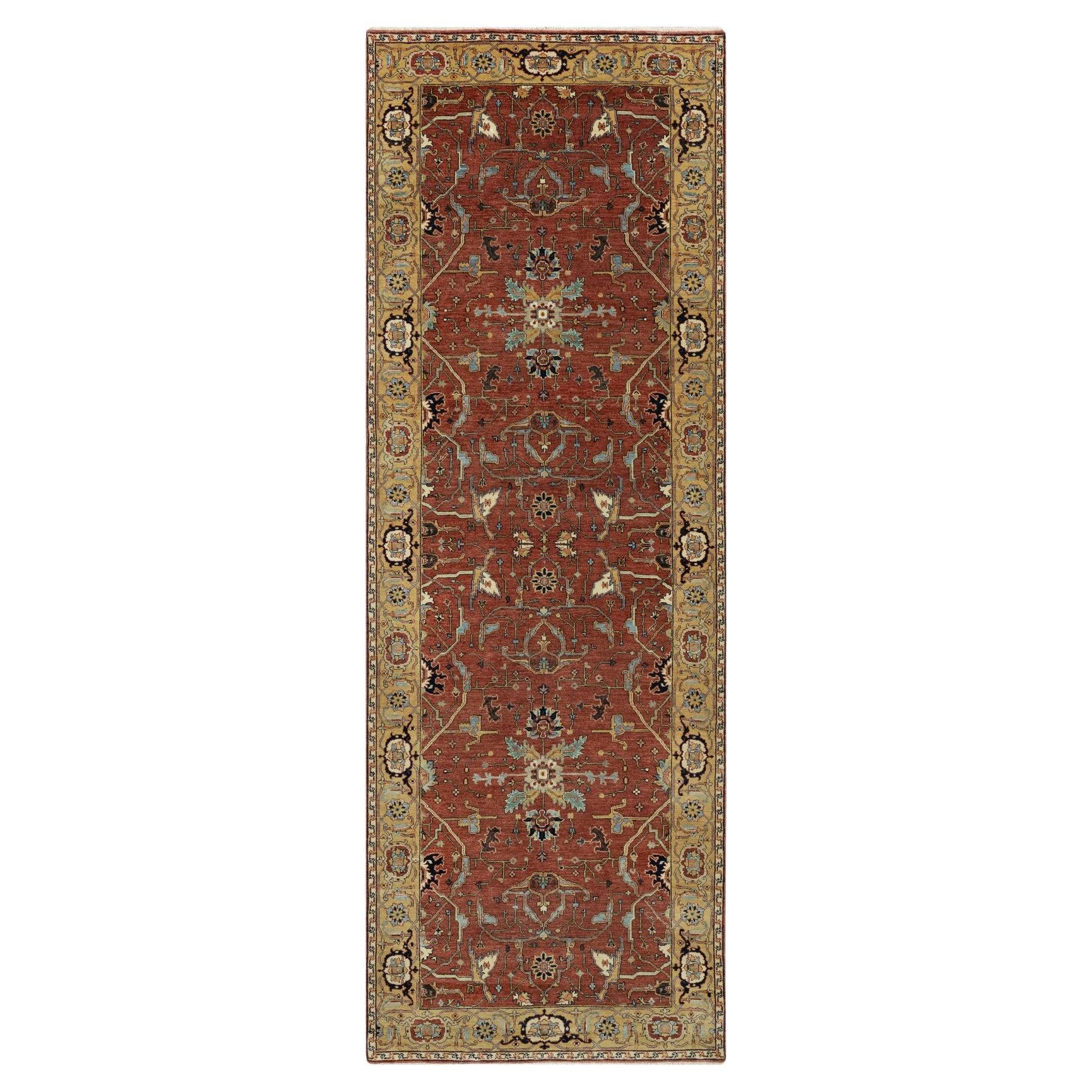 4'2"x12'1" Red Hand Knotted Antiqued Fine Heriz Re-Creation Pure Wool Runner Rug