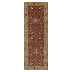 4'2"x12'1" Red Hand Knotted Antiqued Fine Heriz Re-Creation Pure Wool Runner Rug