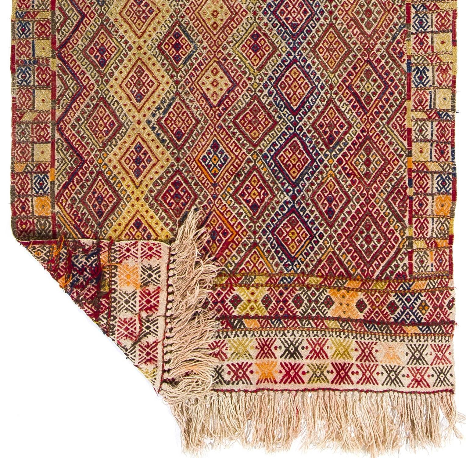 Hand-Woven 4.2x12.3 Ft Vintage Turkish Jijim Runner, Handmade Colorful Flat-woven Wool Rug For Sale
