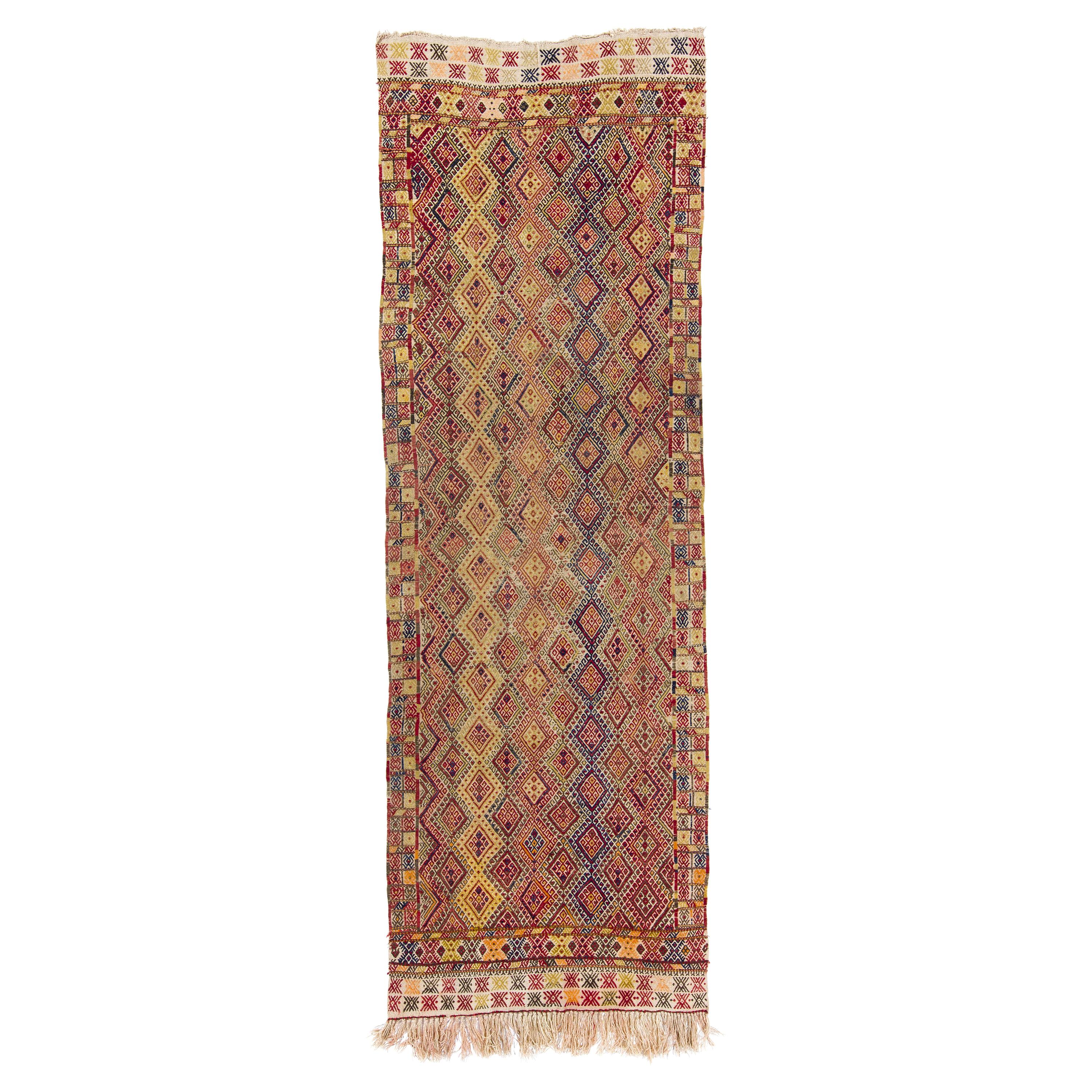 4.2x12.3 Ft Vintage Turkish Jijim Runner, Handmade Colorful Flat-woven Wool Rug For Sale