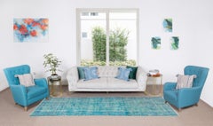 4.2x12.3 Ft Vintage Handmade Turkish Runner Rug in Teal for Hallway Decor