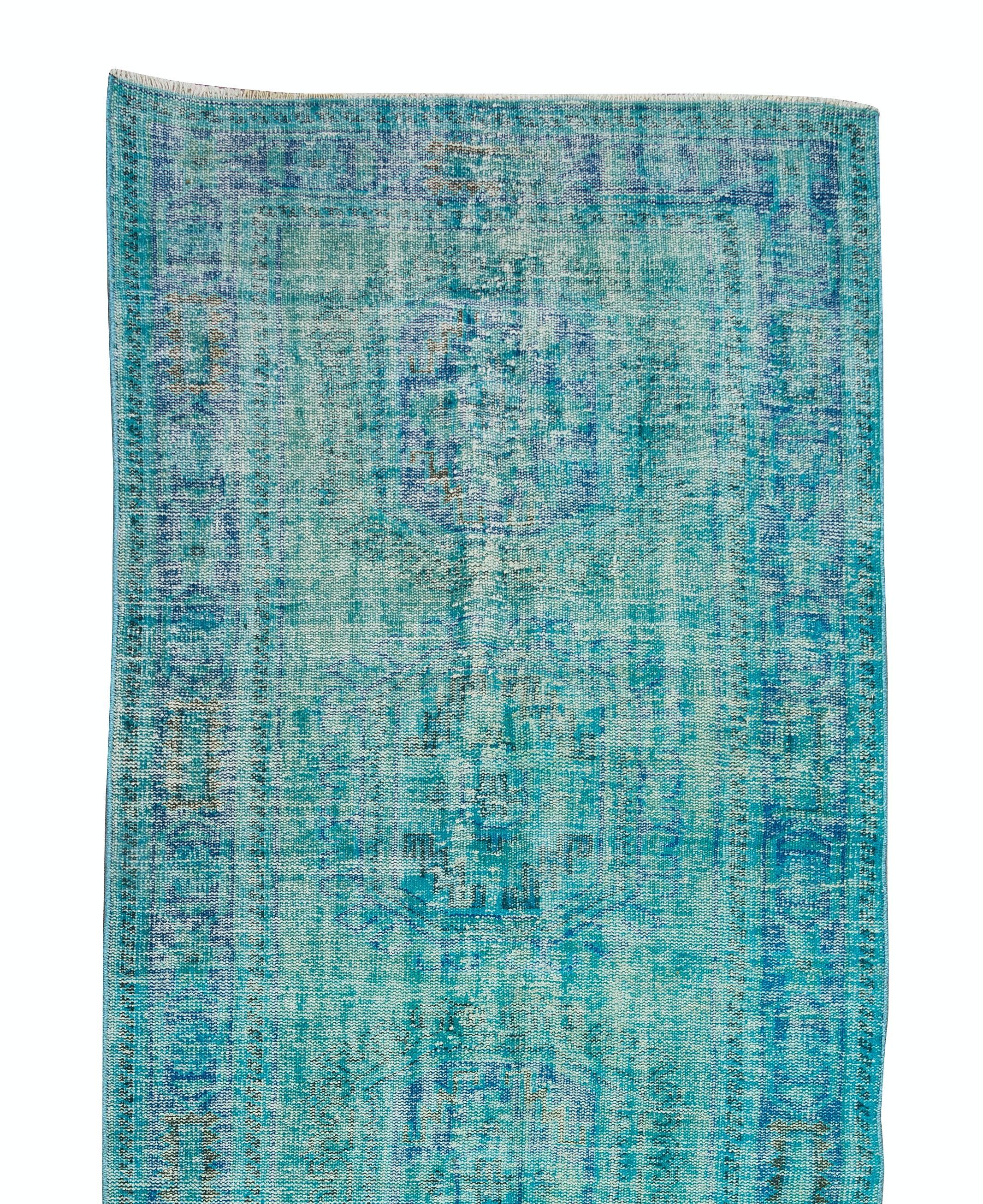 Hand-Knotted 4.2x12.3 Ft Vintage Handmade Turkish Runner Rug in Teal for Hallway Decor For Sale