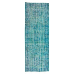 4.2x12.3 Ft Vintage Handmade Turkish Runner Rug in Teal for Hallway Decor (Tapis de course turc vintage fait à la main en bleu sarcelle pour la décoration du couloir)