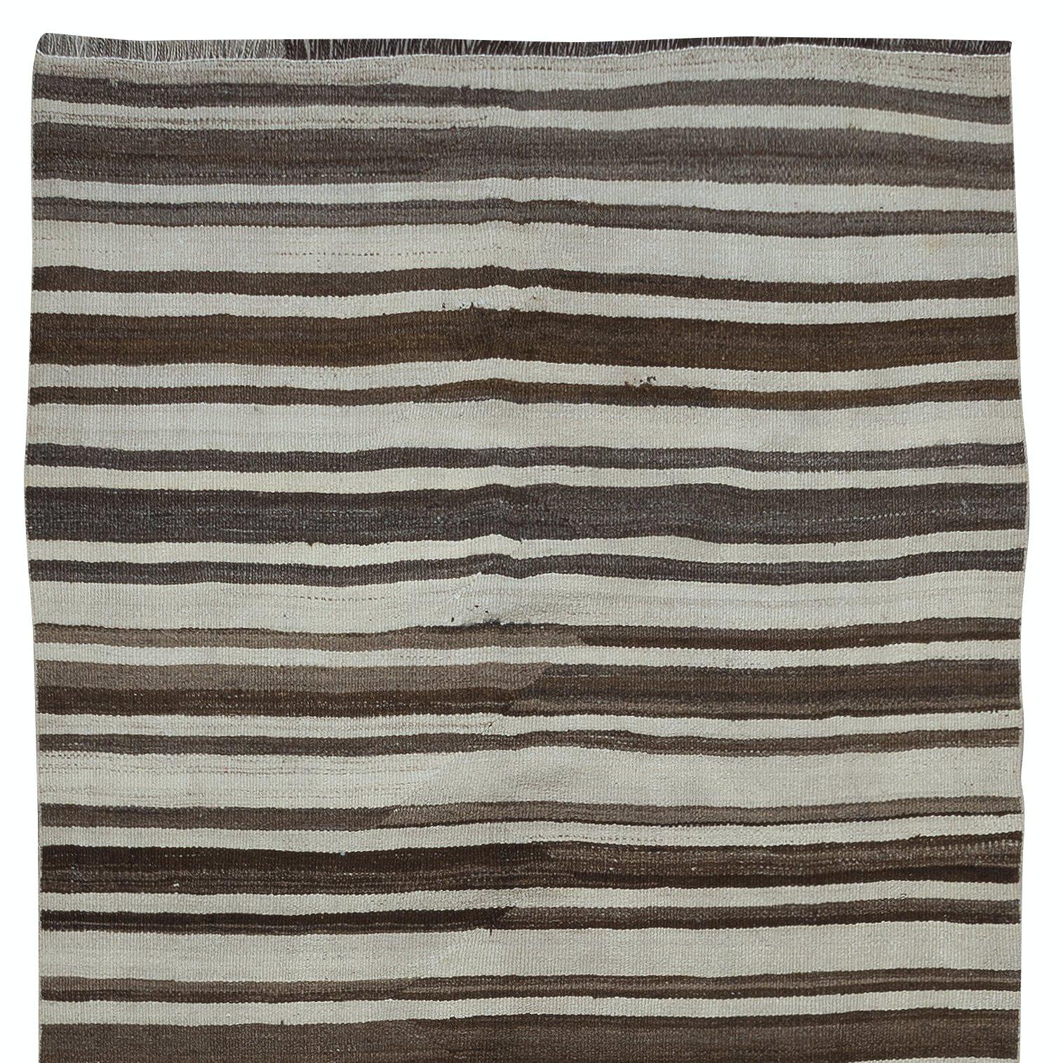 Turkish 4.2x12.8 Ft Vintage Anatolian Runner Kilim Made of Natural Beige & Brown Wool For Sale