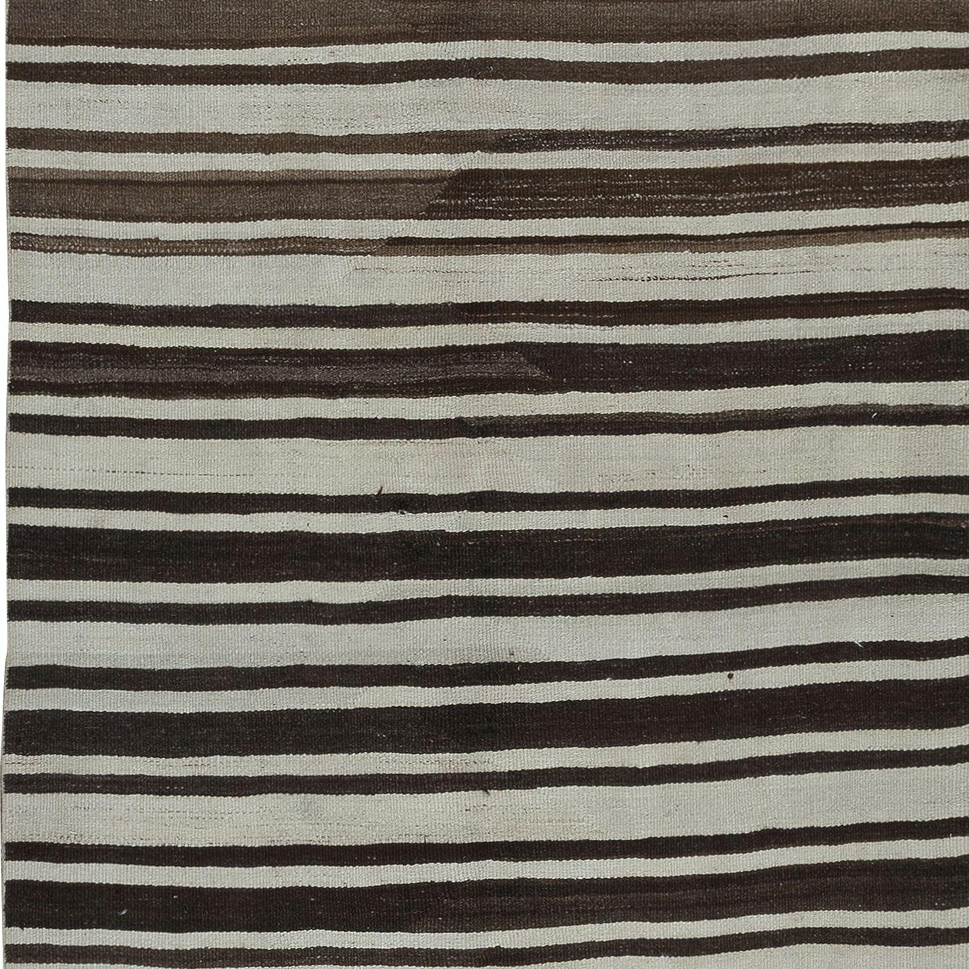 Hand-Woven 4.2x12.8 Ft Vintage Anatolian Runner Kilim Made of Natural Beige & Brown Wool For Sale